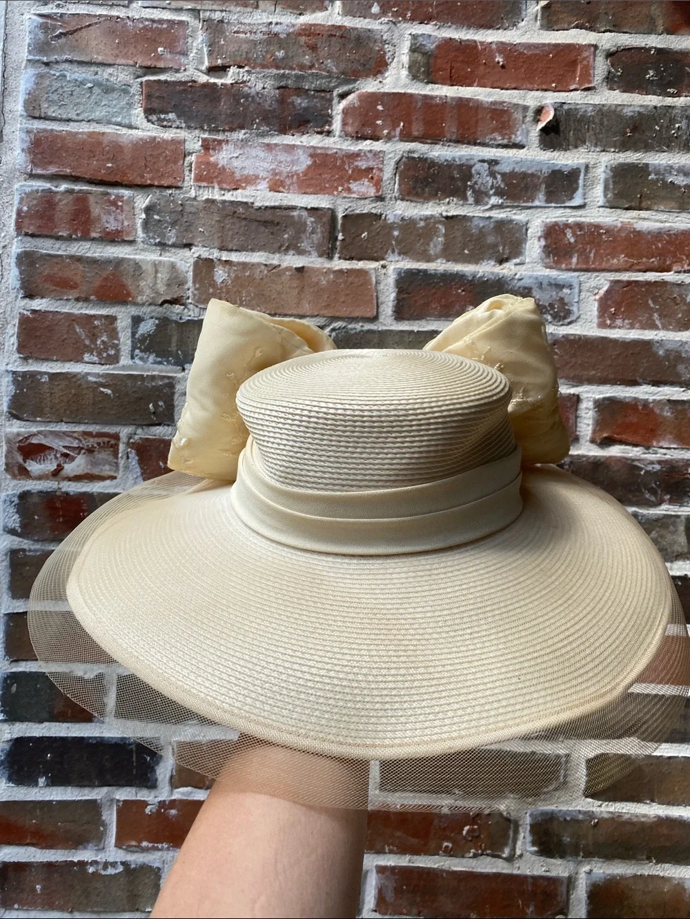 Vintage Jodi G for Sylvia Creamy Yellow Sun Hat with Ribbon Trim Kentucky Derby